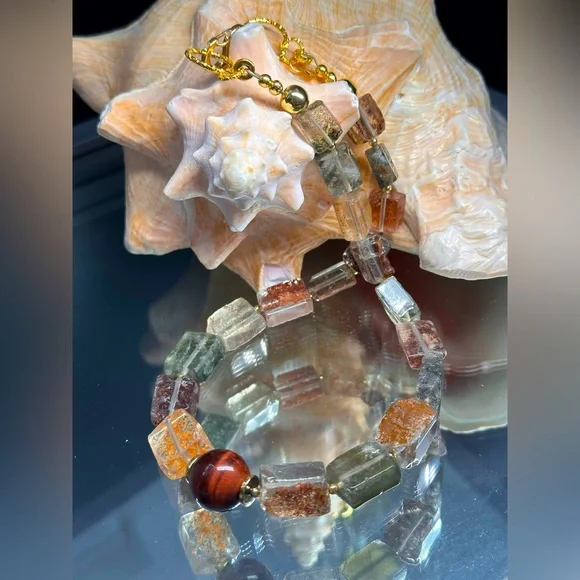 GOLDEN PHANTOM QUARTZ + TIGERS EYE STONES NATURAL NECKLACE - Picture 3 of 16